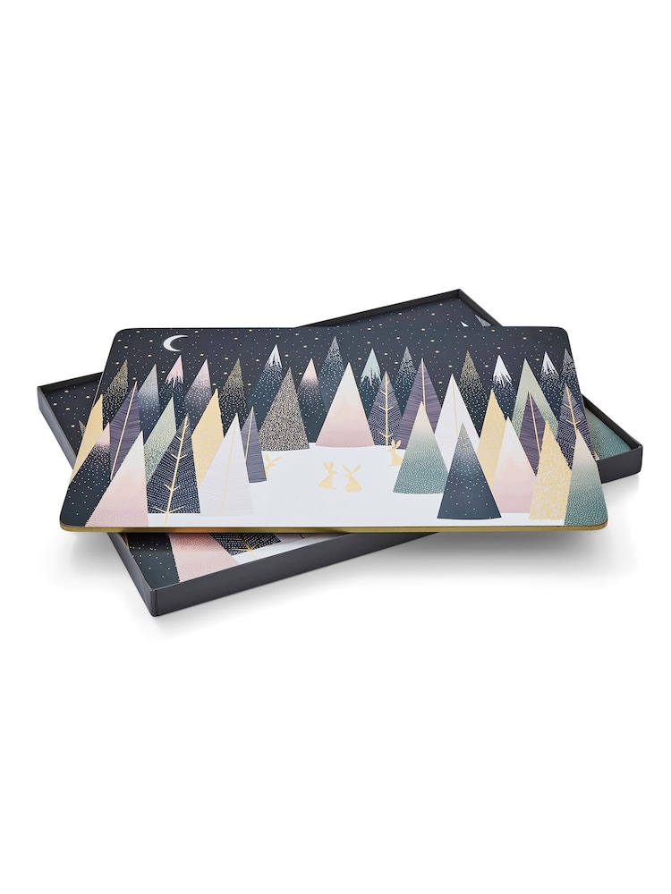 Portmeirion Set of 4 Blue Sara Miller Frosted Pines Christmas Placemats - Image 1 of 5