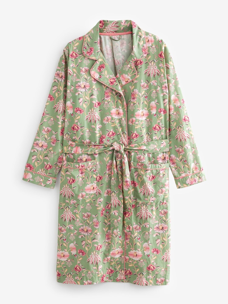 Cath Kidston Green Floral 100% Cotton Poplin Wrap Dressing Gown - Image 1 of 3