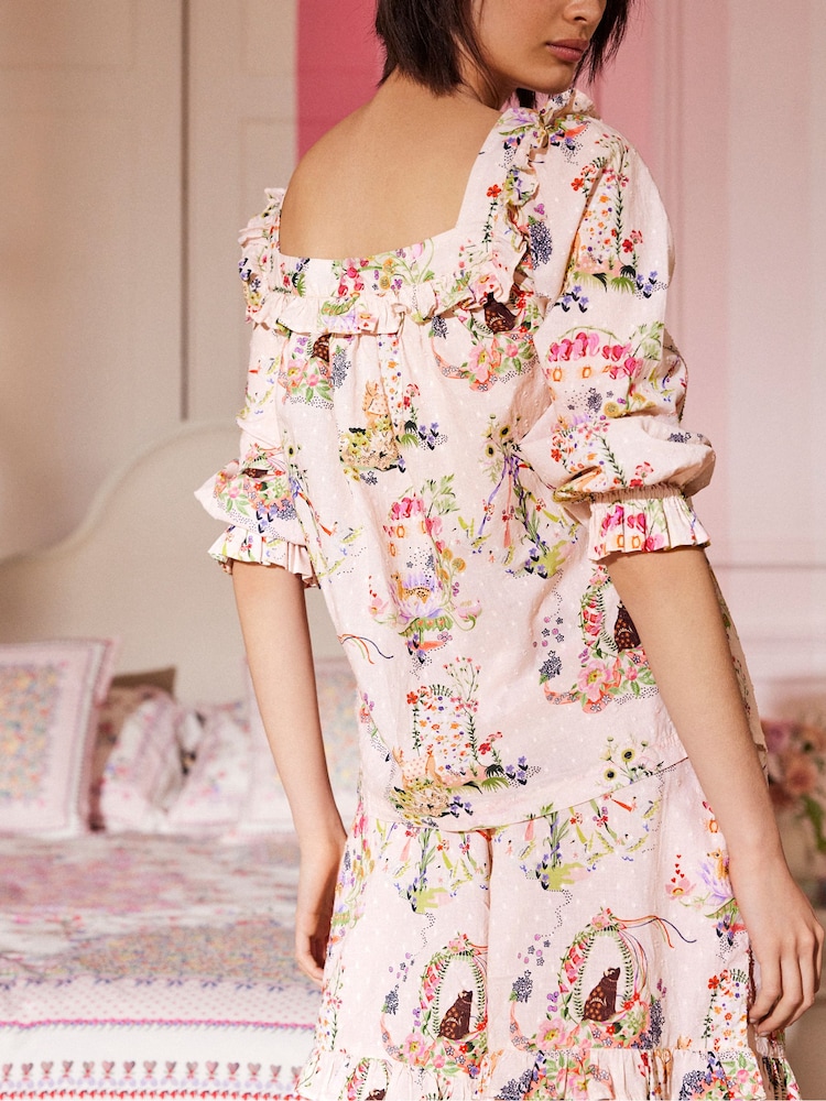 Cath Kidston Ecru Floral Ruffle Edge 100% Cotton Pyjamas Shorts Set - Image 2 of 12