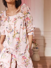 Cath Kidston Ecru Floral Ruffle Edge 100% Cotton Pyjamas Shorts Set - Image 4 of 12