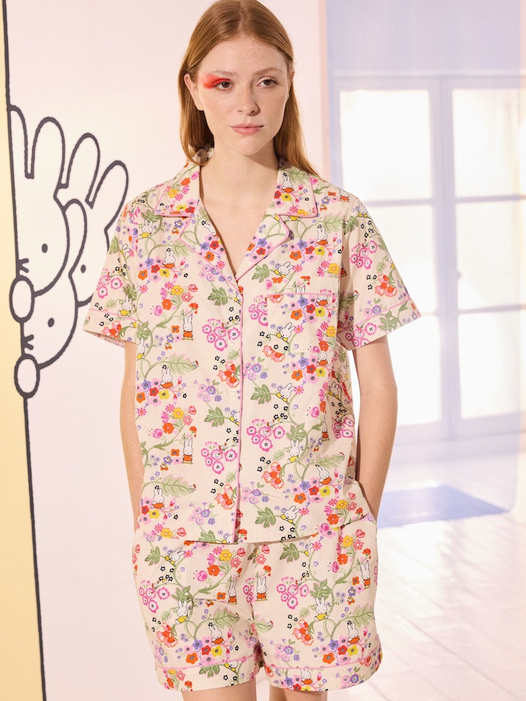 Cath Kidston Ecru Miffy Botanical Print 100% Cotton Poplin Button Through Pyjama Short Set - Image 1 of 10