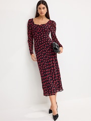 Schwarz/Blumenmuster - Langärmeliges Midikleid mit geradem Halsausschnitt - Bild 1 von 6