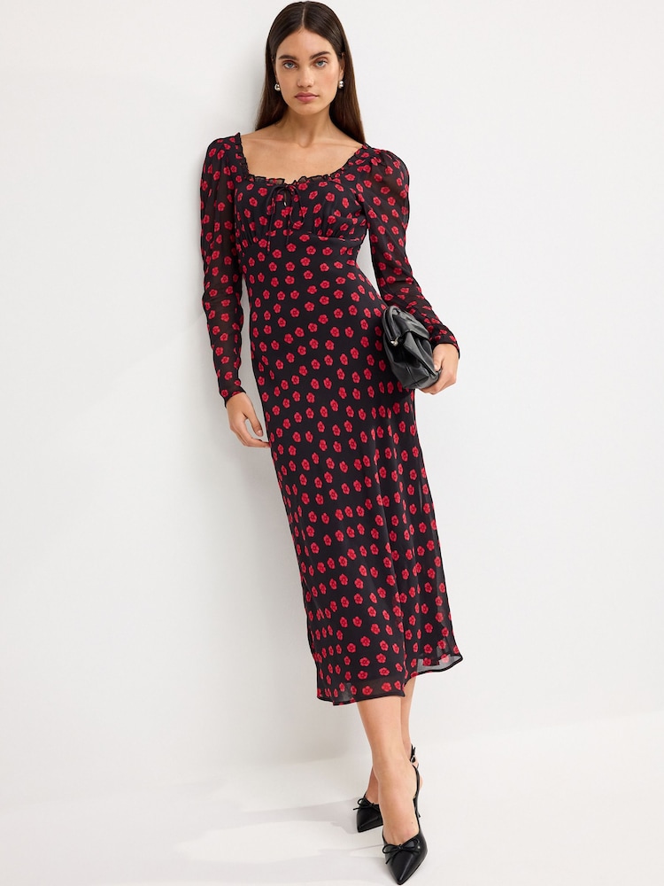 Schwarz/Blumenmuster - Langärmeliges Midikleid mit geradem Halsausschnitt - Bild 1 von 6