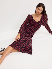 Schwarz/Blumenmuster - Langärmeliges Midikleid mit geradem Halsausschnitt - Bild 2 von 6