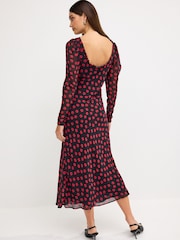 Schwarz/Blumenmuster - Langärmeliges Midikleid mit geradem Halsausschnitt - Bild 3 von 6