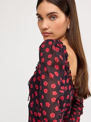 Schwarz/Blumenmuster - Langärmeliges Midikleid mit geradem Halsausschnitt - Bild 4 von 6