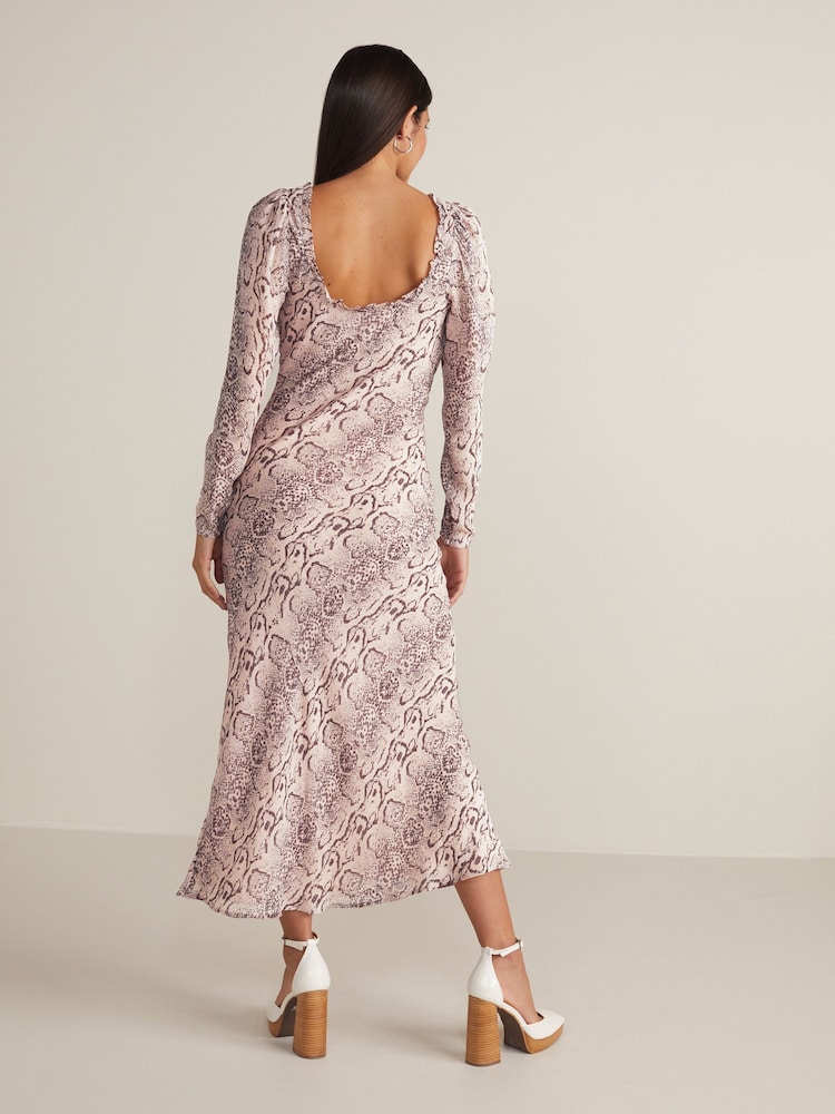 Pink Snake Print Square Neck Long Sleeve Midi Dress - Image 2 of 6 Pink Snake Print Square Neck Long Sleeve Midi Dress - Image 2 of 6