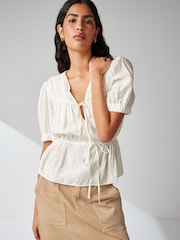 White Tie Front Tiered Textured Short Sleeve Blouse - Image 1 of 6