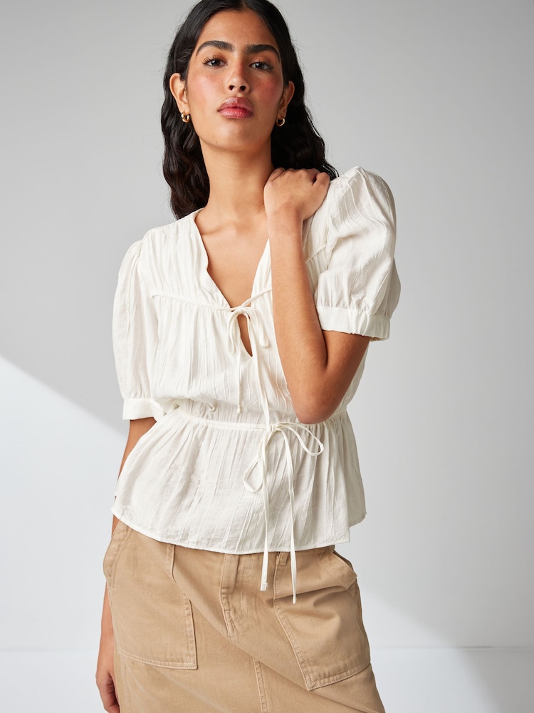 White Tie Front Tiered Textured Short Sleeve Blouse - Image 1 of 6