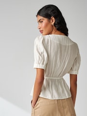 White Tie Front Tiered Textured Short Sleeve Blouse - Image 2 of 6