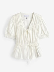 White Tie Front Tiered Textured Short Sleeve Blouse - Image 5 of 6
