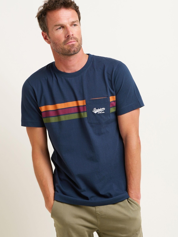 Brakeburn Blue Chest Stripe T-Shirt - Image 1 of 4