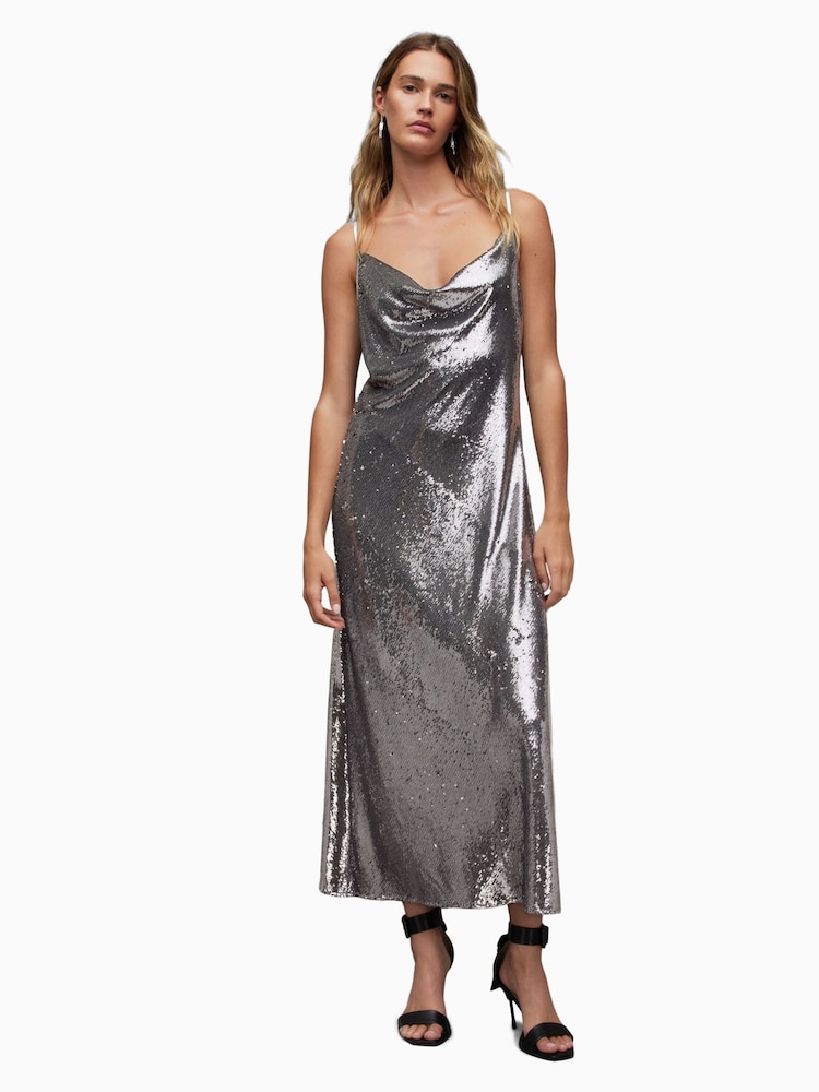 AllSaints Grey Hadley Sequin Dress - Image 1 of 6