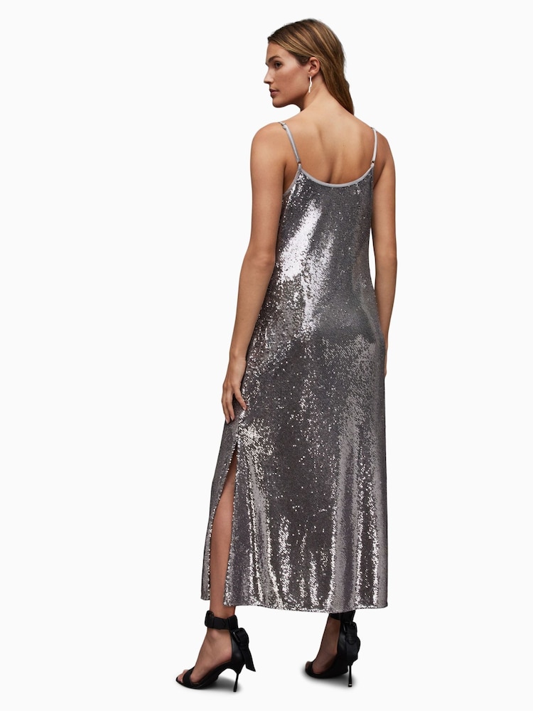 AllSaints Grey Hadley Sequin Dress - Image 2 of 6