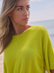 Lime Green Slim Fit Premium 100% Linen Crew Neck Short Sleeve T-Shirt - Image 4 of 6
