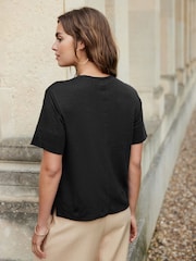 Black Slim Fit Premium 100% Linen Crew Neck Short Sleeve T-Shirt - Image 3 of 6