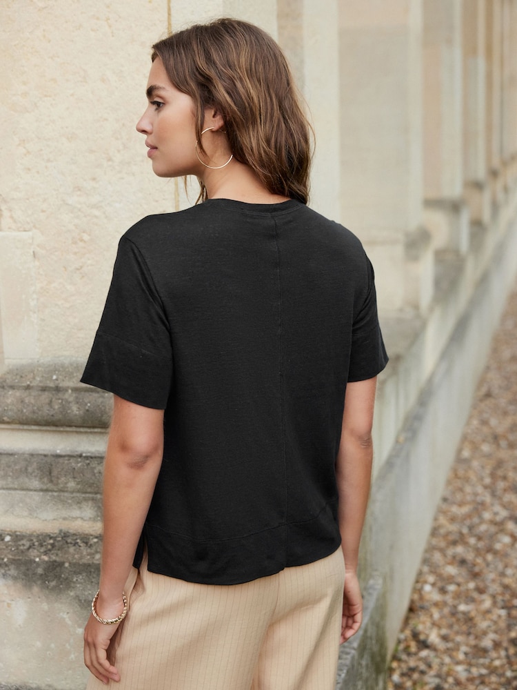 Black Slim Fit Premium 100% Linen Crew Neck Short Sleeve T-Shirt - Image 3 of 6