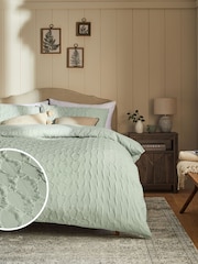 Green Sage Textured Embossed Square Pattern Bedding Duvet Cover and Pillowcase Set - Image 1 of 4