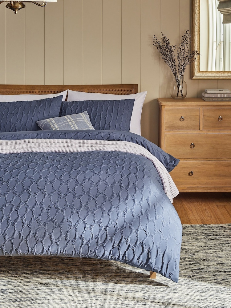Blue Navy Textured Embossed Square Pattern Bedding Duvet Cover and Pillowcase Set - Image 1 of 4 Blue Navy Textured Embossed Square Pattern Bedding Duvet Cover and Pillowcase Set - Image 1 of 4