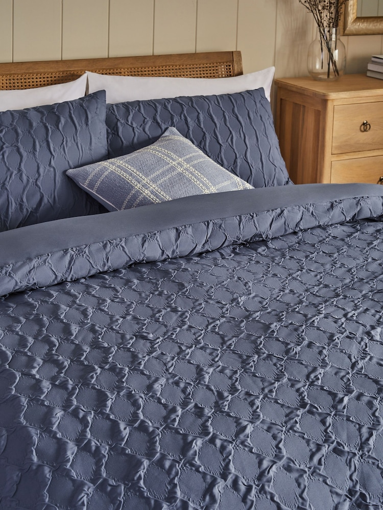 Blue Navy Textured Embossed Square Pattern Bedding Duvet Cover and Pillowcase Set - Image 2 of 4 Blue Navy Textured Embossed Square Pattern Bedding Duvet Cover and Pillowcase Set - Image 2 of 4