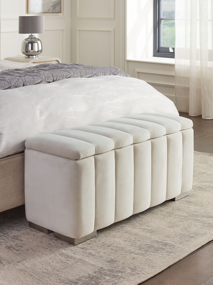 Soft Velvet Natural Oyster Mayfair Upholstered Ottoman Standard Blanket Box - Image 1 of 6