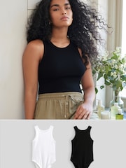Black/White High Neck Ribbed Racer Vest Tops 2 Pack - Image 1 of 10