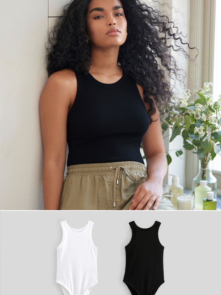 Black/White High Neck Ribbed Racer Vest Tops 2 Pack - Image 1 of 10 Black/White High Neck Ribbed Racer Vest Tops 2 Pack - Image 1 of 10