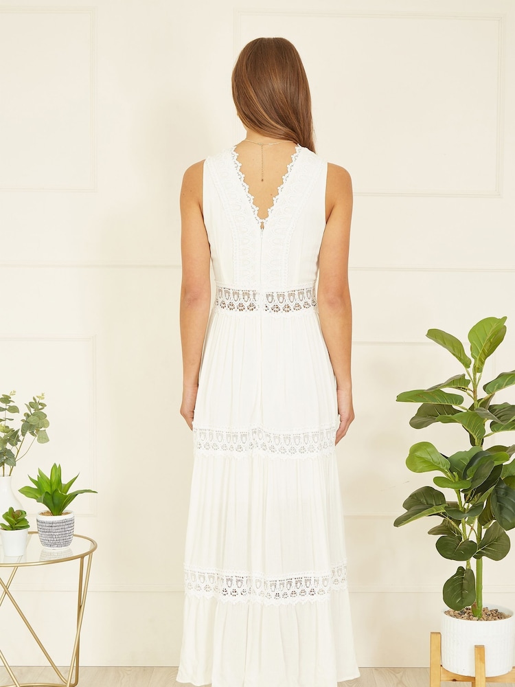 Yumi White Lace Trim Cotton Midi Sun Dress - White / M Yumi White Lace Trim Cotton Midi Sun Dress - White / M