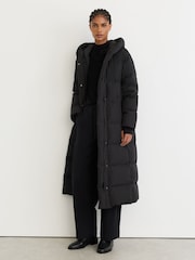 Reiss Black Larissa Belted Longline Hooded Puffer Coat - Image 1 of 6