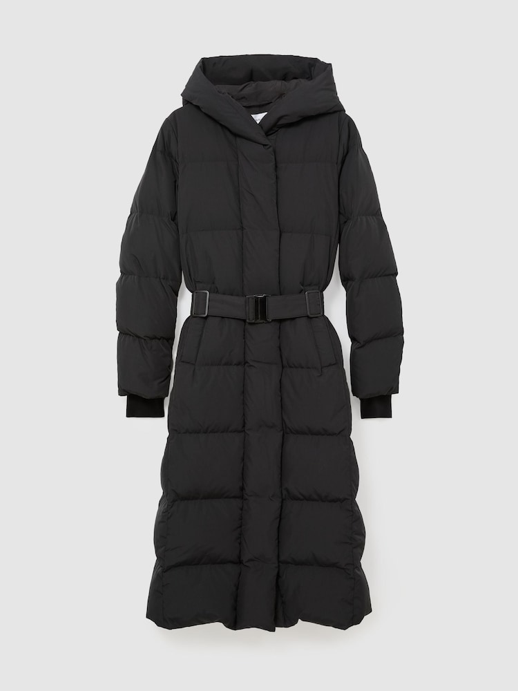 Reiss Black Larissa Belted Longline Hooded Puffer Coat - Image 2 of 6 Reiss Black Larissa Belted Longline Hooded Puffer Coat - Image 2 of 6