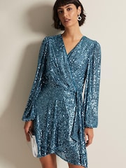 Phase Eight Blue Carissa Teal Sequin Wrap Mini Dress - Image 1 of 6