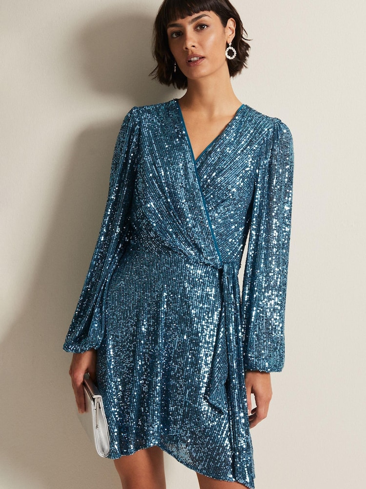 Phase Eight Blue Carissa Teal Sequin Wrap Mini Dress - Image 1 of 6