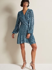 Phase Eight Blue Carissa Teal Sequin Wrap Mini Dress - Image 2 of 6