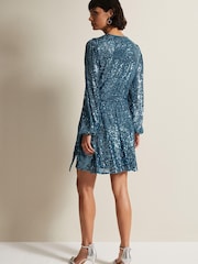 Phase Eight Blue Carissa Teal Sequin Wrap Mini Dress - Image 3 of 6