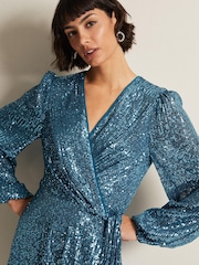 Phase Eight Blue Carissa Teal Sequin Wrap Mini Dress - Image 4 of 6