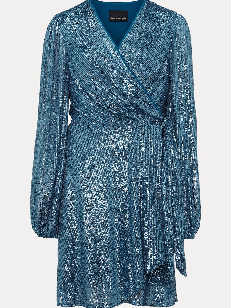 Phase Eight Blue Carissa Teal Sequin Wrap Mini Dress - Image 6 of 6