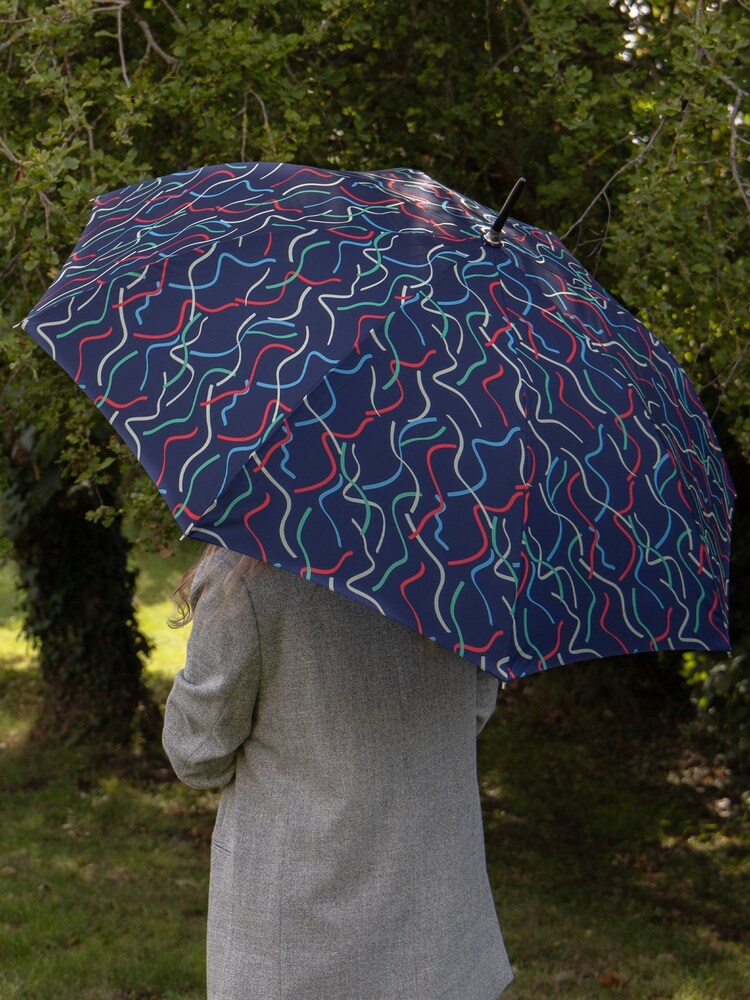 Totes Navy ECO Auto Open Walker Wood Ribbons Print Umbrella - Image 1 of 4