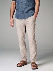 Natural Ecru Linen Cotton Elasticated Drawstring Trousers - Image 1 of 9