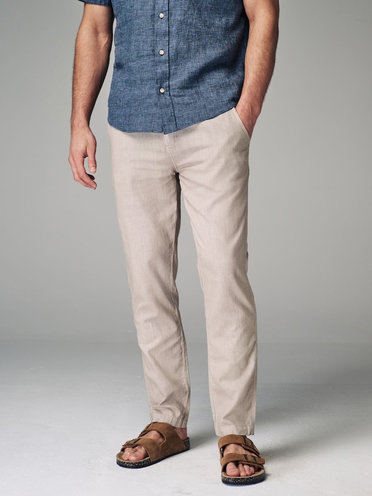 Natural Ecru Linen Cotton Elasticated Drawstring Trousers - Image 1 of 9