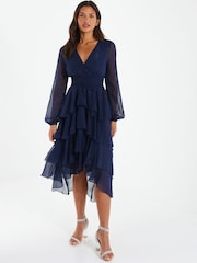 Quiz Navy Blue Chiffon Long Sleeve Tiered Midi Dress - Image 1 of 4