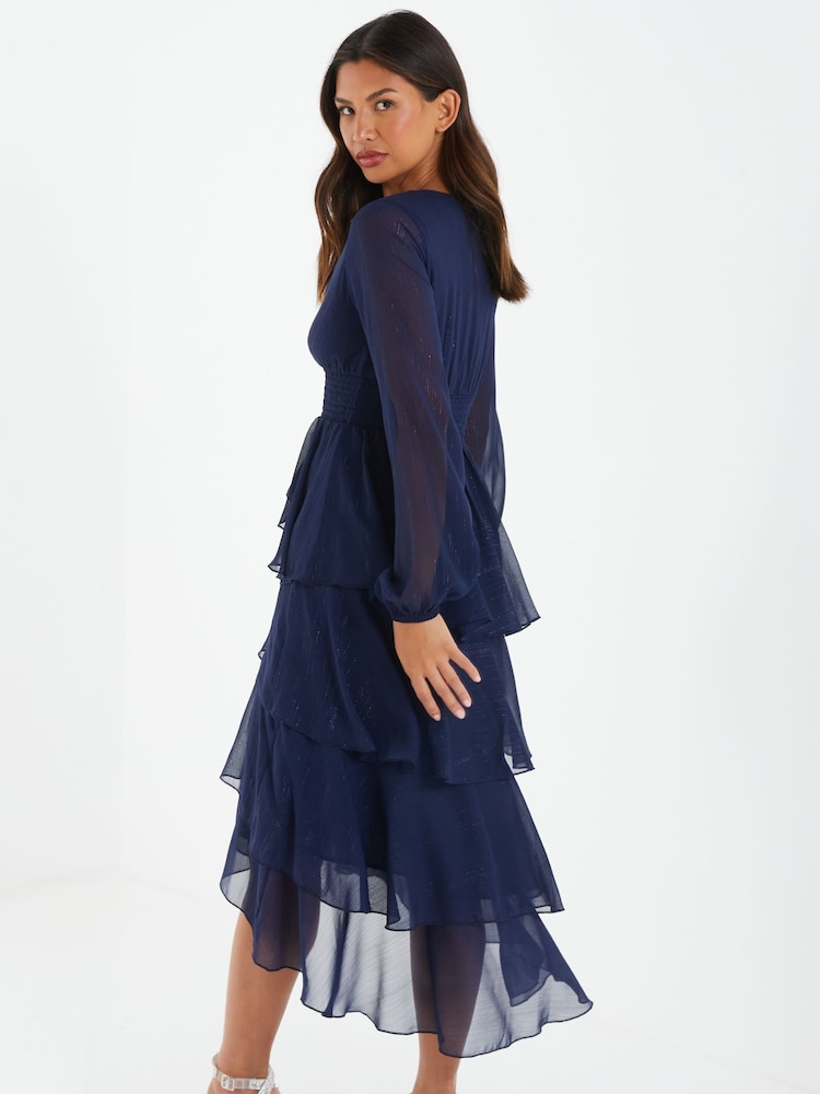 Quiz Navy Blue Chiffon Long Sleeve Tiered Midi Dress - Image 2 of 4