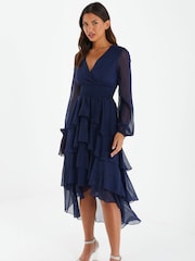 Quiz Navy Blue Chiffon Long Sleeve Tiered Midi Dress - Image 3 of 4