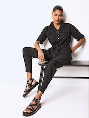 Black Linen Blend Utility Cargo Belted Jumpsuit - Image 1 of 6