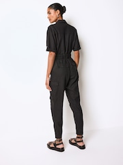 Black Linen Blend Utility Cargo Belted Jumpsuit - Image 2 of 6