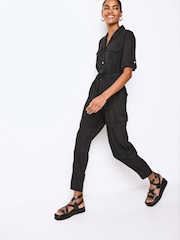 Black Linen Blend Utility Cargo Belted Jumpsuit - Image 3 of 6