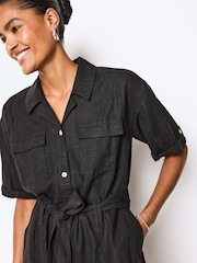 Black Linen Blend Utility Cargo Belted Jumpsuit - Image 4 of 6