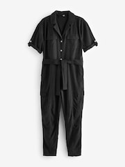 Black Linen Blend Utility Cargo Belted Jumpsuit - Image 5 of 6