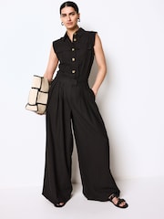 Black Button Front Textured Wide Leg Jumpsuit - Image 1 of 1