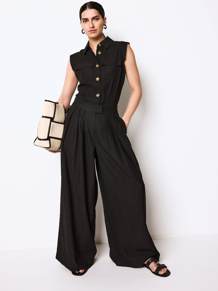 Black Button Front Textured Wide Leg Jumpsuit - Image 1 of 1
