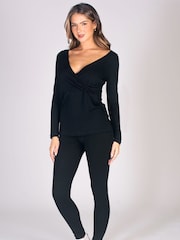Pineapple Black Long Sleeve Womens Jersey Wrap Top - Image 3 of 6